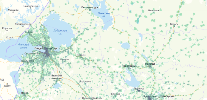 Зона покрытия МТС на карте Пересвет 